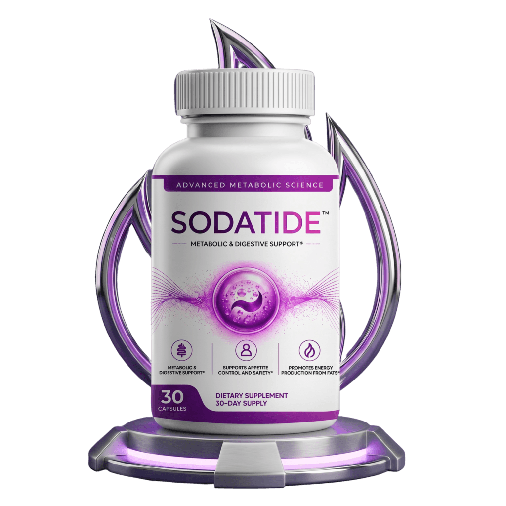Soda Tide supplement bottle front view, white bottle with purple label, metabolic digestive support, 