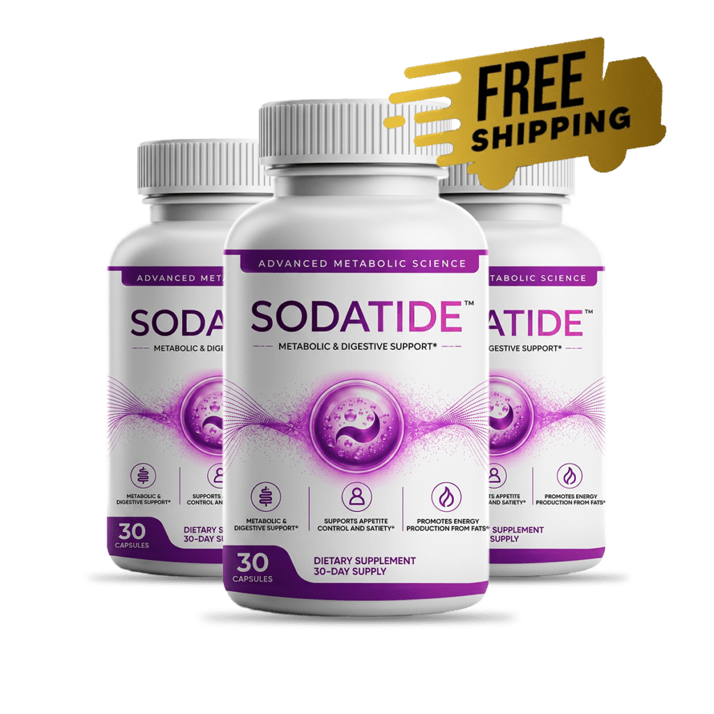 three white supplement bottles with purple Soda Tide labels arranged together, product photography on