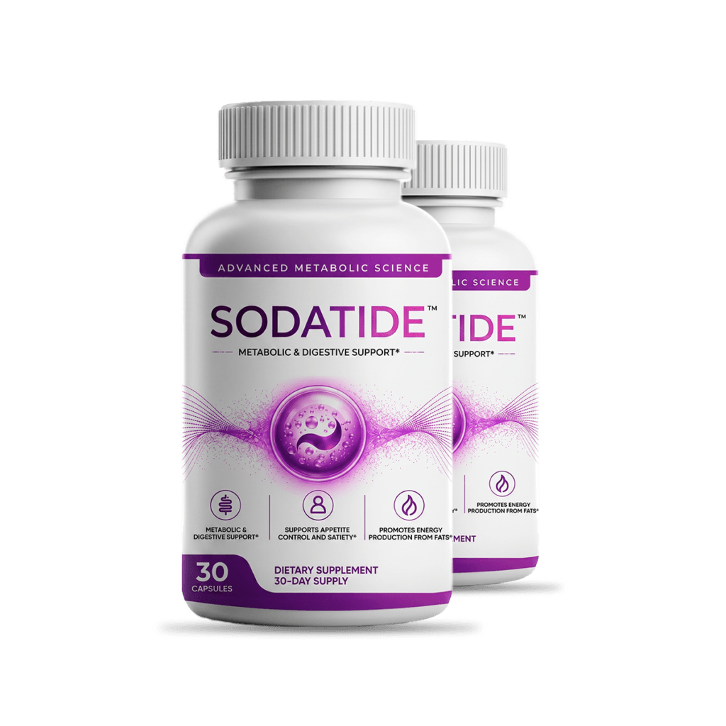 two white supplement bottles with purple Soda Tide labels side by side, product photography on white